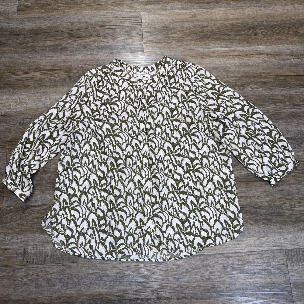 Jachs Girlfriend Green White Feather Print 3/4-Sleeve Blouse Womens Medium